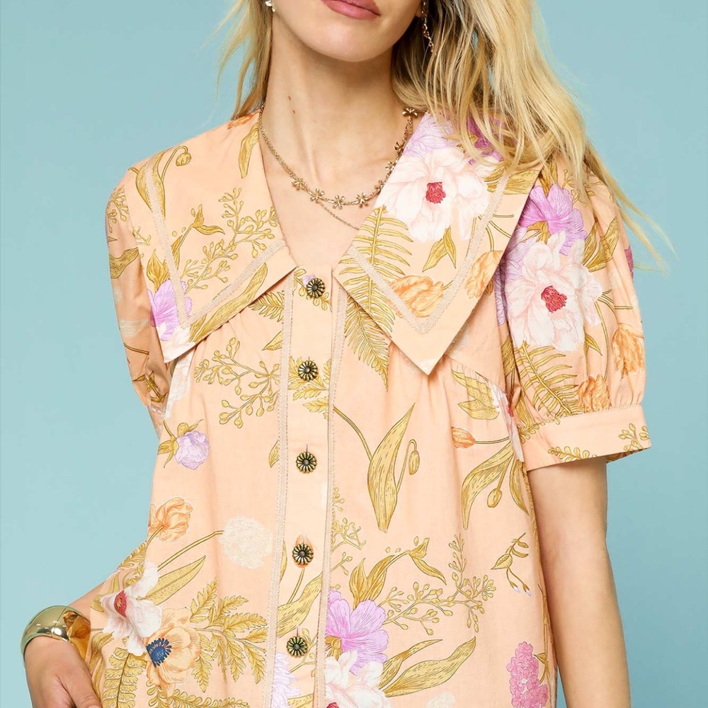 Umgee Pink and White Puff Sleeve Button Down Shirt